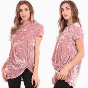 Hummingbird Dusty Rose Crushed Velvet Twist Front Short Sleeve Top